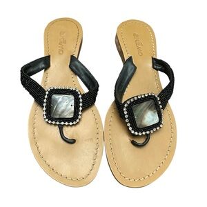 Skemo Melle Black Beaded Flat Thong Sandals Shell Medallion Rhinestone Flipflops